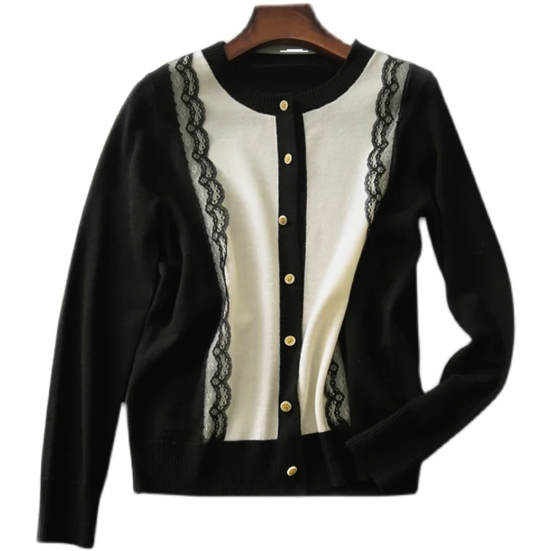 

2021 Spring and Autumn New Korean Women's Lace Stitching Knitted Cardigan Show Thin Contrast Sweater Coat