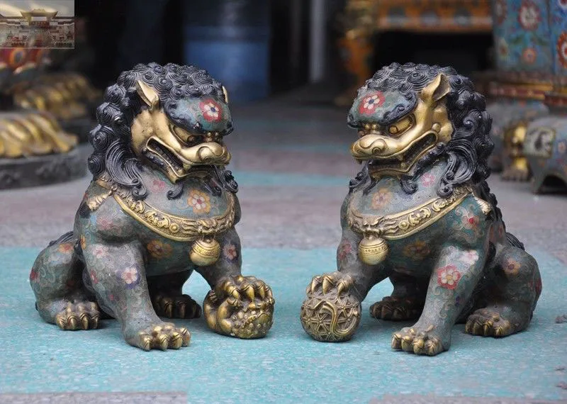 

christmas 10"Chinese Feng Shui Bronze Cloisonne enamel Foo Dog Door lion Beast Statue Pair halloween