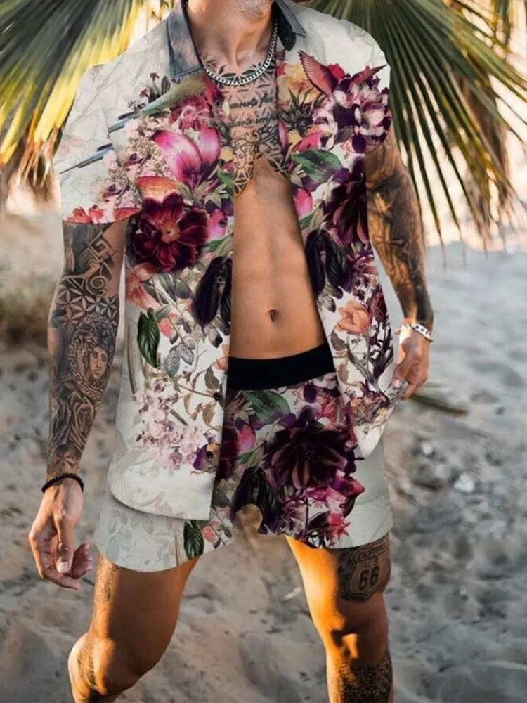 

2021 New Flower Casual Hawaiian Set Men's Beach Coconut Print Shorts Men's Beach Shirt Set Two-piece M-3XL