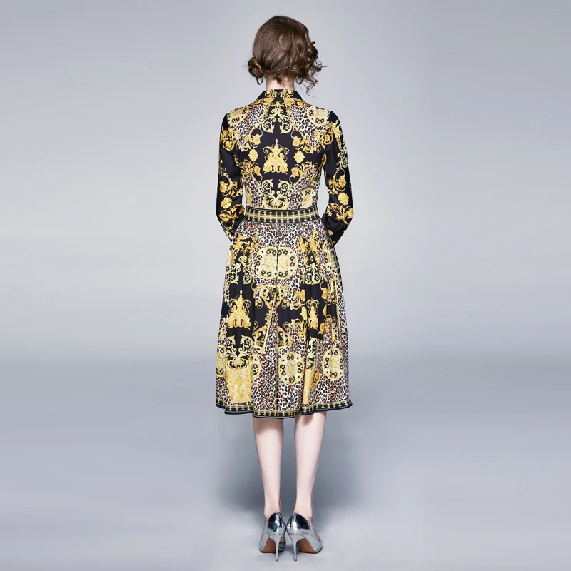 

New Elegant Vintage Women Print Slim Tunic Midi Dress Office Lady Long Sleeve Dresses Party Clothing