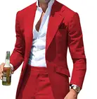 Классический дизайн, Красный смокинг для жениха на одной пуговице, повседневный приталенный костюм для шафера с вырезом на лацкане, мужской костюм для свадьбы (пиджак + брюки)