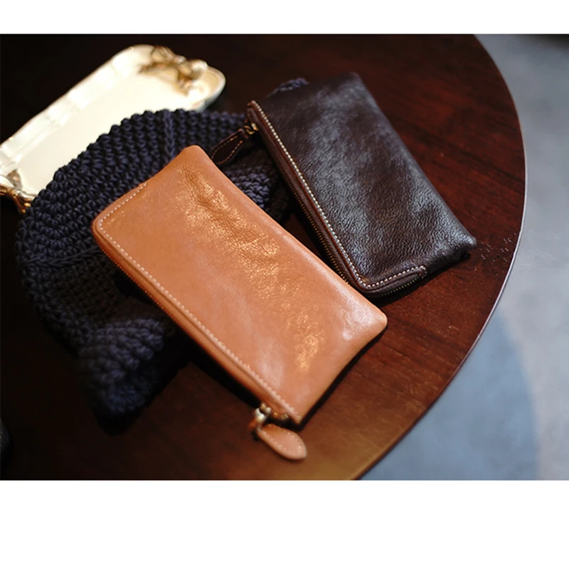 

100% Genuine Leather Simple Zipper Coin Purse Women's Credit Card Holder Case Mobile Phone Storage Bag Long Wallet Purses
