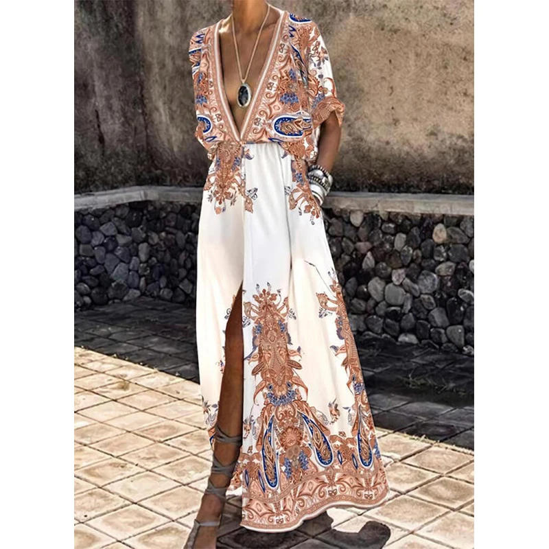 

Women Dress Printed Long Short Sleeve V-Neck Slit Ladies Dress 2021Summer New Fashion Outdoor Casual Comfy Female Footwear