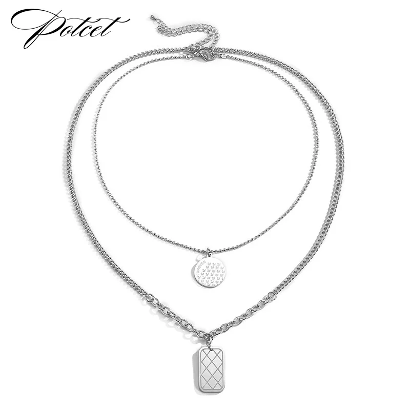

POTCET Unisex Multi-Layer Swan Round Brand Square Titanium Necklace Pendant Sweater Chain Fashion Geometry Hip Hop Party Jewelry