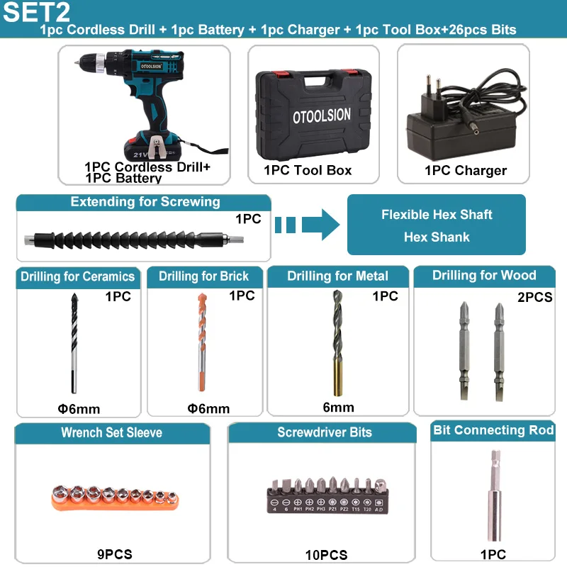 SET2 (1 pc battery) Ударная 2 Скорость 21 В аккумуляторная отвертка ударная аккумуляторная электрическая дрель аккумуляторные инструменты электроинструменты сверление в стали дерево керамика - Цвет: SET2 (1 pc battery)