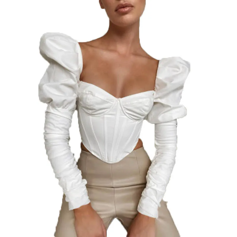 

Lady Low-cut Backless Zipper Crop Top Bodycon Vintage Square Neck Puff Long Sleeve Irregular Elegant Party Bodycon Sexy Clubwear