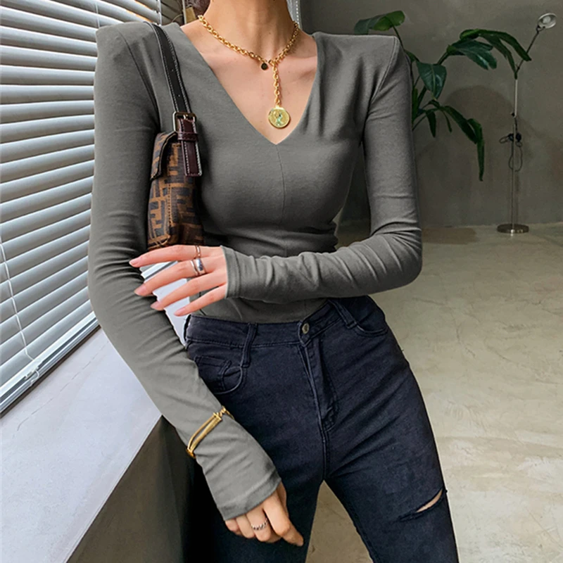 

New 2021 Women's Spring Autumn T-shirt Soild Bottoming Basic Korean Style Shoulder Pads Sexy Lady Short Tops