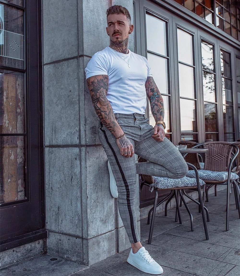 Повседневные облегающие брюки джоггеры спортивные мужские Модные в клетку