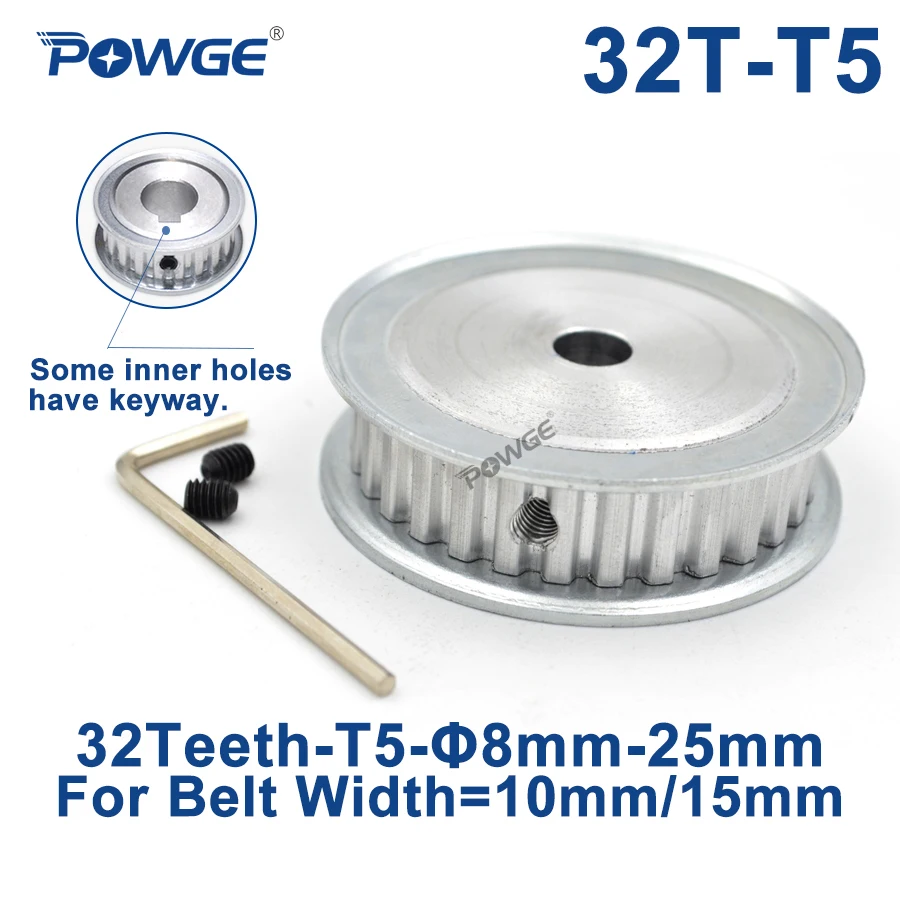 

POWGE 32 Teeth T5 Timing Synchronous pulley Bore 8/10/12/14/15/19/20/22/25mm for belt width 10/15mm 32-T5-15 AF Gear 32teeth 32T