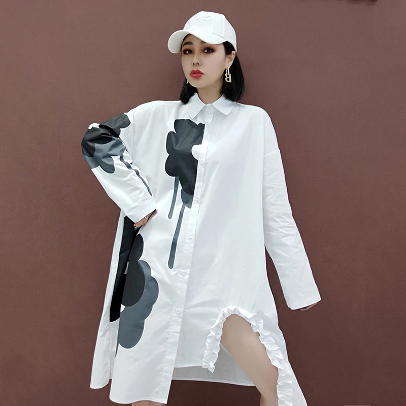 

SHENGPALAE Personality Floarl Blouse Women's Spring 2021 New Lapel Large Size Single Bresated Long Sleeve Split Shirt Female