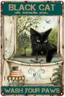 Забавная металлическая жестяная вывеска в ванную комнату, Черный кот, стирает свою лапу, постер для ванной, дома, бара, клуба, украшения для стен ресторана 8x12 дюймов, подарок