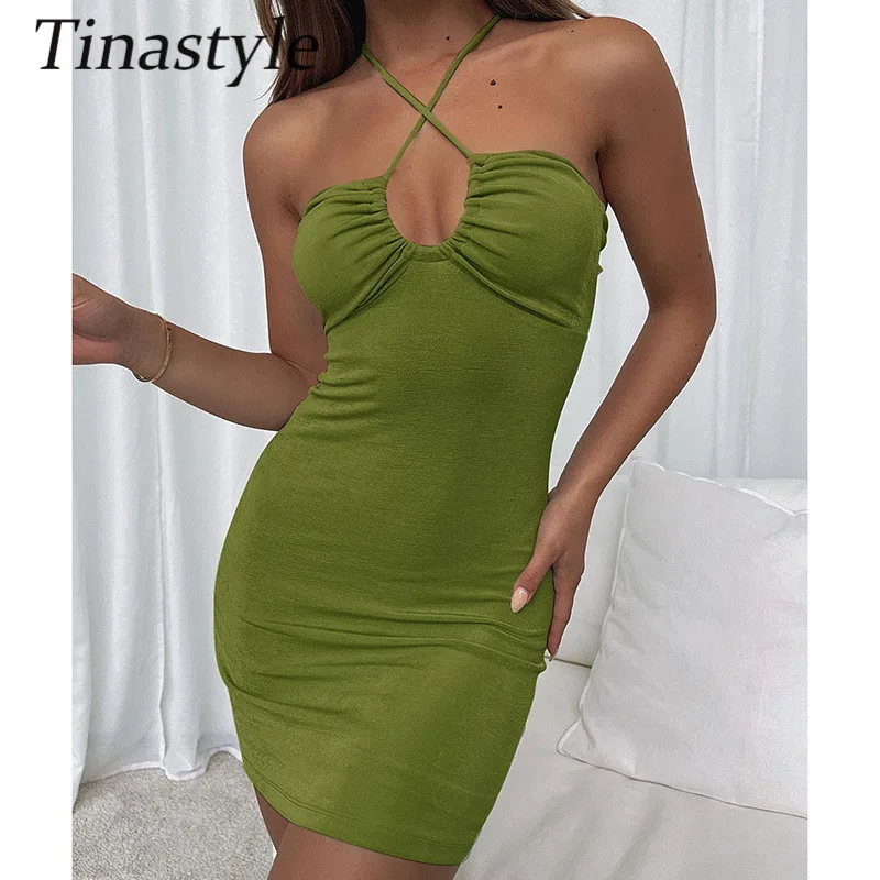 

Tinastyle Halter Sexy Backless Dress Women 2021 Summer Strapless Hollow Out Beach Mini Dress Ladies Solid Ruched Party Vestidos