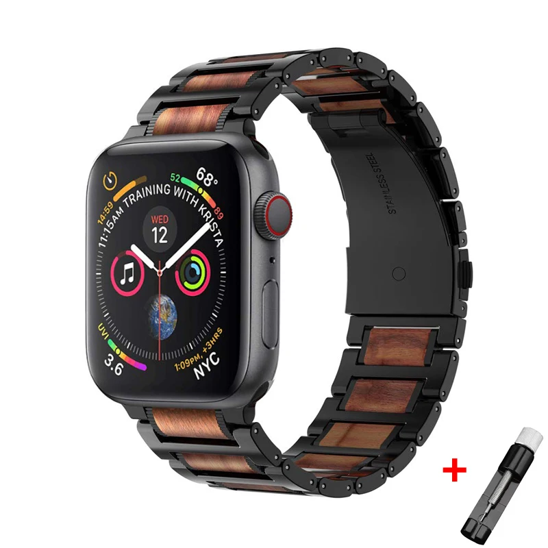 Браслет для Apple Watch Band 44 мм 42 40 38 деревянный звеньевой браслет из нержавеющей стали