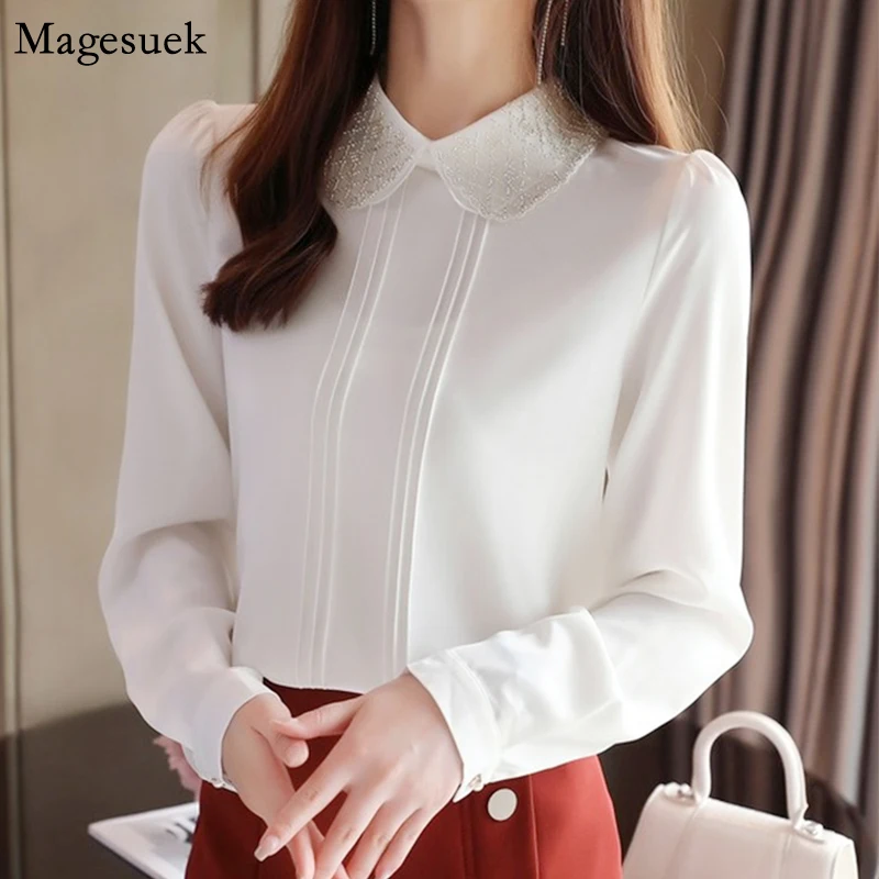 

2021 Autumn New Women Tops And Bloues Casual Office Lady Long Sleeve Shirt Women Elegant White Chiffon Blouse Women Tops 12193