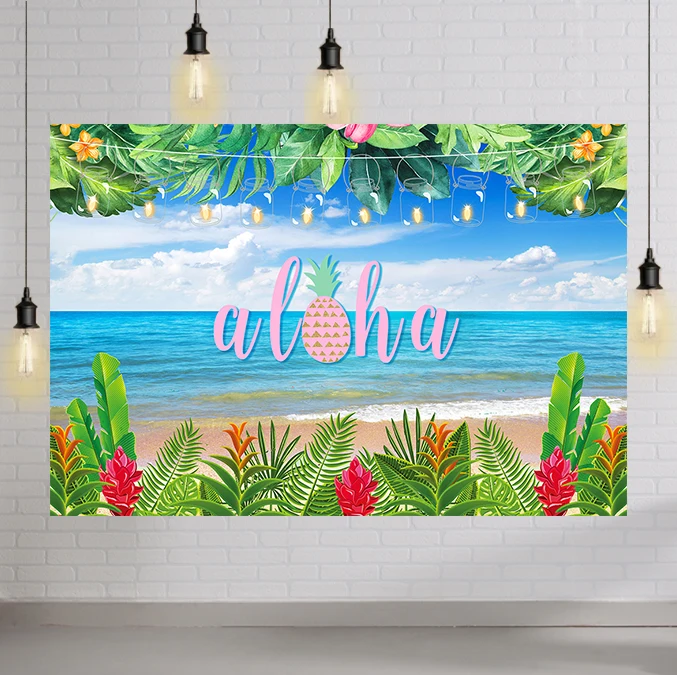 

Photography Backdrop Summer Beach Hawaiian Aloha Theme Birthday Photo Background Blue Sky White Clouds Studio Props