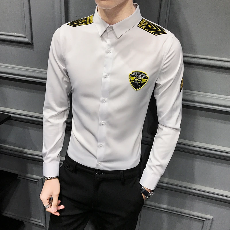 

Plus Size Army Men Shirt Casual Young Man Long Sleeve Shirt Men Flight Attendants Man Blouse Homme Streetwear/Night Club/Party