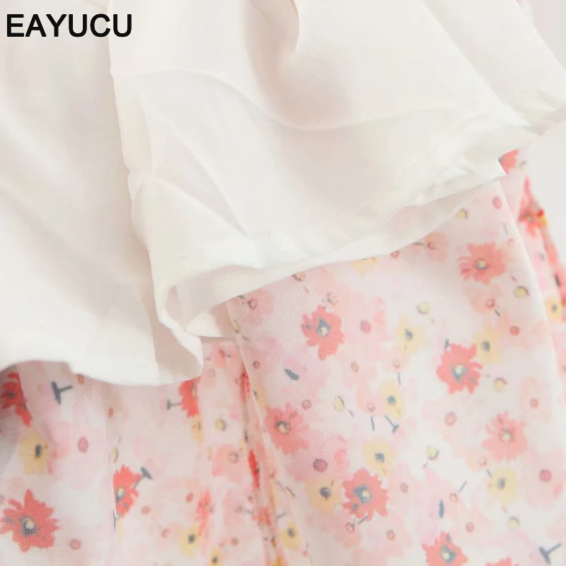 

EAYUCU Boho style women summer chiffon dress floral print puff sleeveA line female beach dresses robe femme ED147