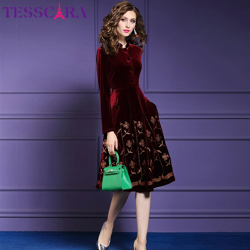 TESSCARA, женское осенне-зимнее элегантное бархатное платье с пайетками, женские вечерние платья высокого качества, винтажные платья