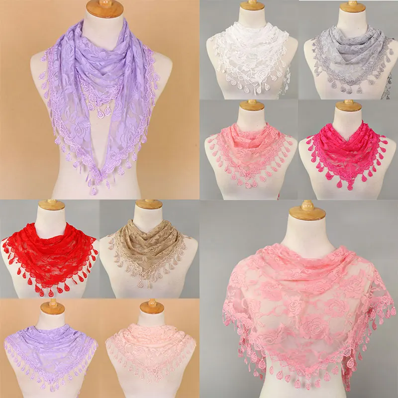 

Women Lace Scarf Pure Color Lace Tassel Headscarf Triangle Scarf Hollow Out Tassel Shawls Scarves Thin See Through Scarf Red