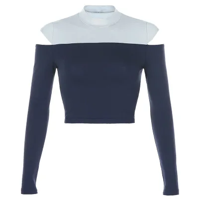 

Asymmetrical Hit Color Slanted Shoulder Short Long Sleeve T-Shirt Women Autumn European And American Women's Clothing