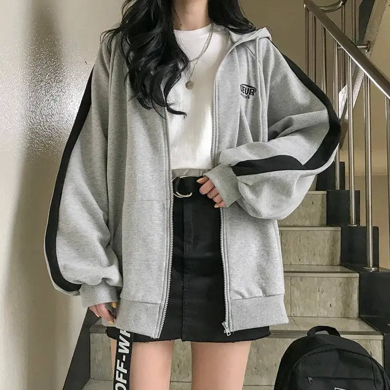 Zip Up Women Hoodie 2021 Spring Korean Long Sleeve Purple Sweetshirts Loose Casual Jacket Harajuku Hoodies Chic Female Clothing