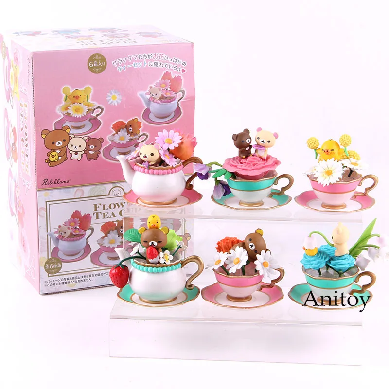 with colorful box Медвежонком-рилаккумой Цветочный чай чашка ПВХ Rilakkuma фигурку Kawaii милые украшения куклы Коллекционные модели игрушки 6 шт./компл - Цвет: with colorful box
