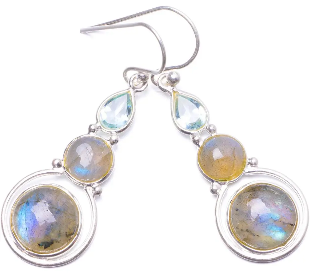 Natural Blue Fire Labradorite and Topaz Handmade Unique 925 Sterling Silver Earrings 1.75&quot Y1486 | Украшения и аксессуары