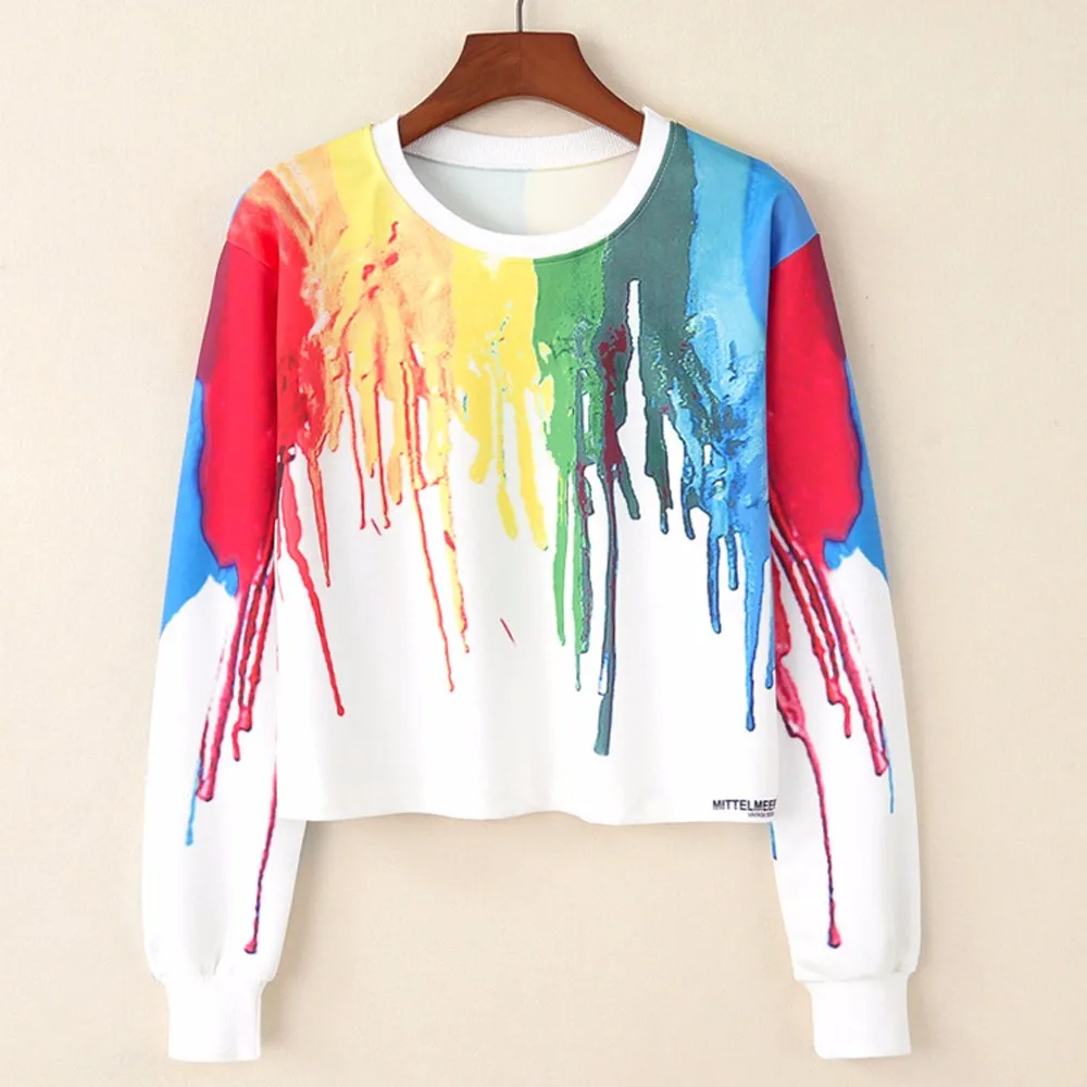 Fashion Women hoodies Long Sleeve Multicolor Paint Print Hoodies Casual Blouse moletom cropped bluzy damskie crop top | Женская одежда