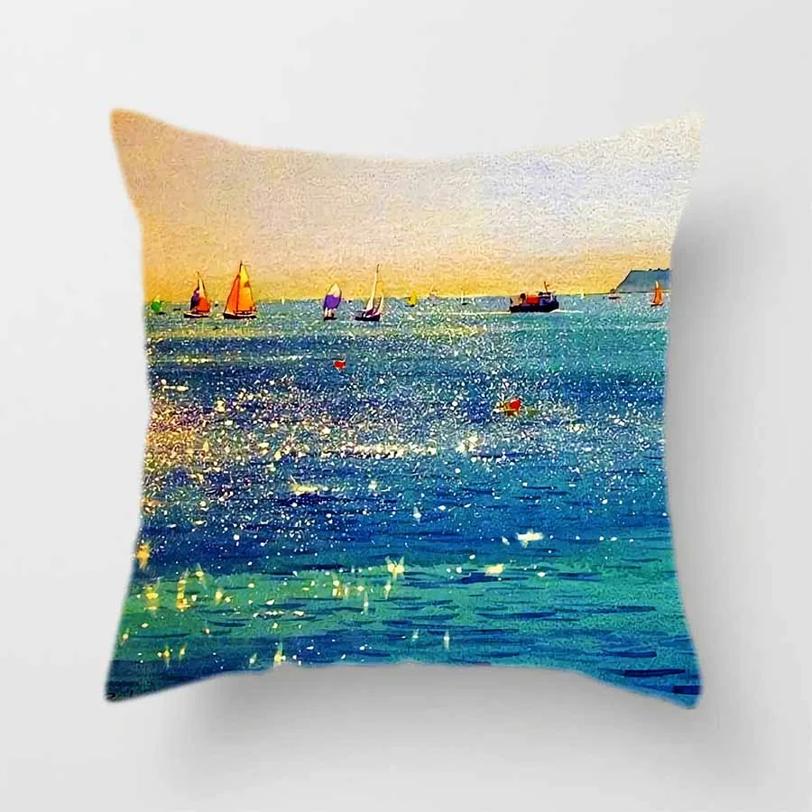 Offing Scenery Polyester Cushion Cover Sea Sailboat Pattern Decorative Pillow Case for Car Sofa Bed Home Living Room Decor 45x45 |