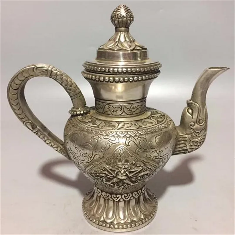 Китайская бронзовая резьба тибетский серебряный чайник с драконом статуя