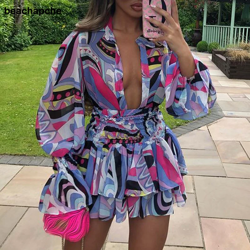 

Beachapche V Neck Suits Women Fashion Lantern Sleeve Suit Women Elegant Loose Ruffles Mini Skirts Suits Female Ladie