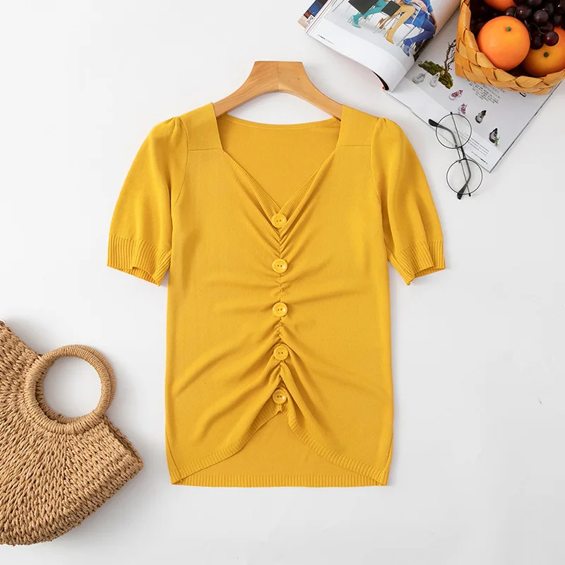 Женские топы с V образным вырезом трикотажные модные женские рубашки коротким