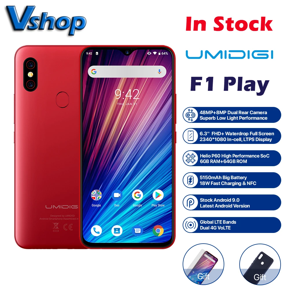 UMIDIGI F1 Play Android 9,0, камера 48 Мп+ 8 Мп+ 16 МП, 5150 мАч, 6 ГБ ОЗУ, 64 Гб ПЗУ, 6,3 дюймов, FHD+ Helio P60, глобальная версия, смартфон, двойной, 4G