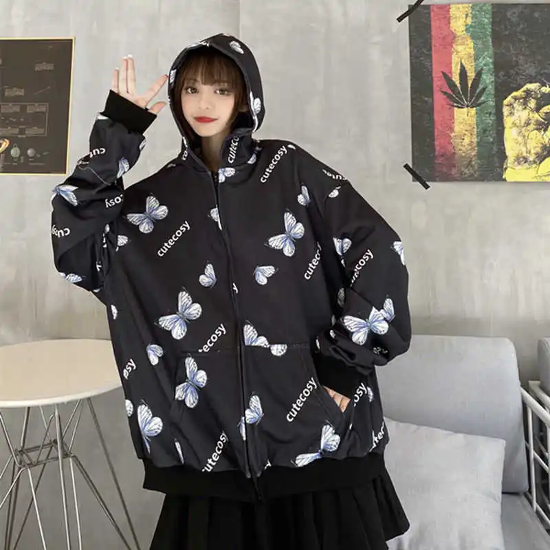 

Summer harajuku butterfly hoodie with zipper female hoodie 2021 spring oversized hoodies outerwear plus size