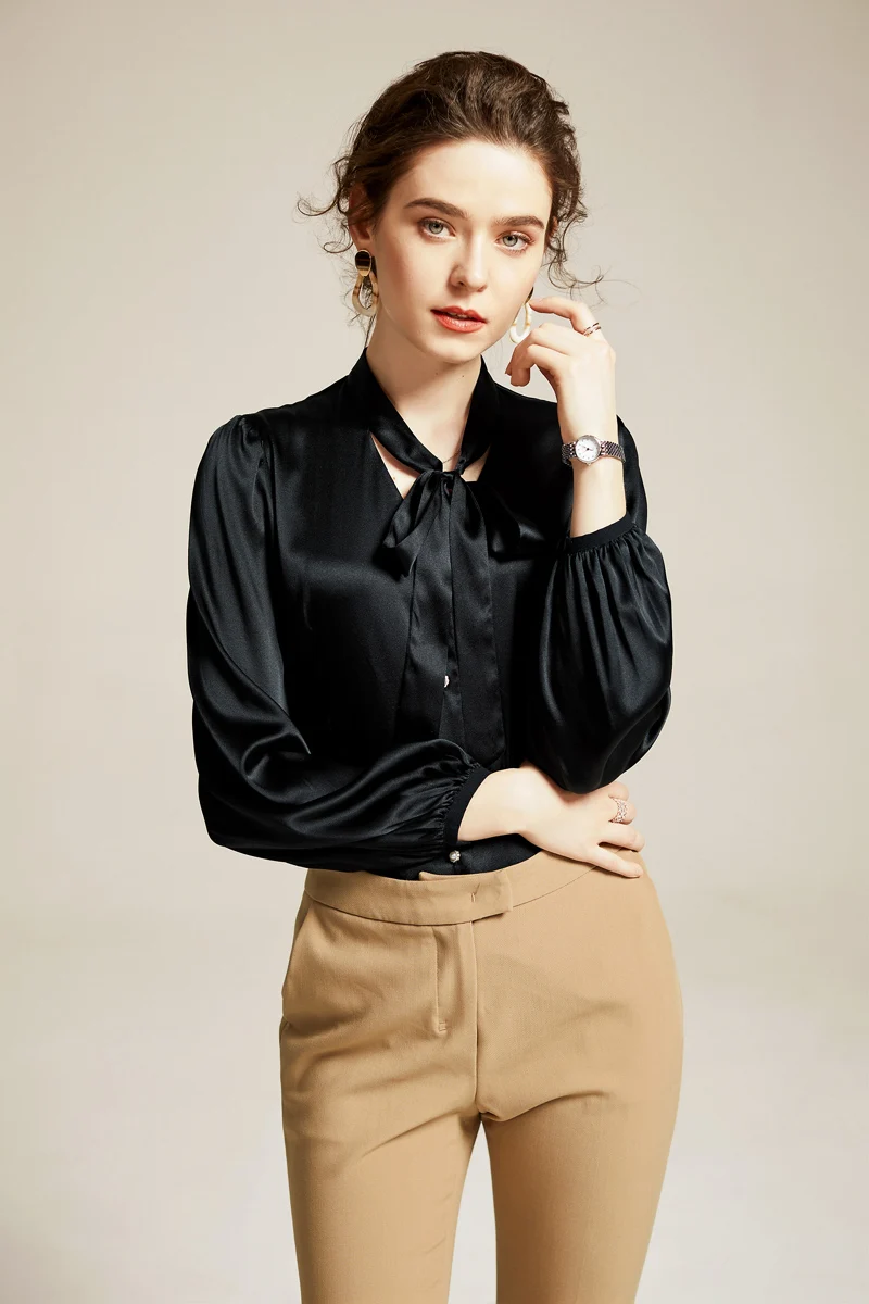 100% Шелковая женская рубашка с поясом и бантом на воротнике длинными рукавами