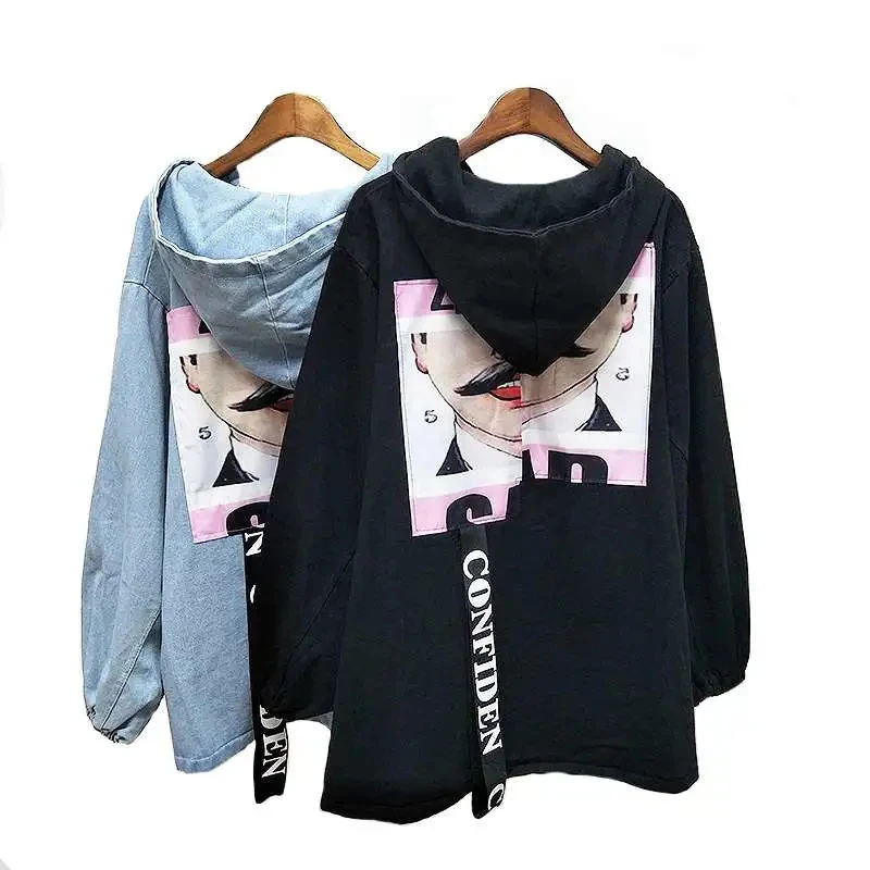 Размера плюс женское джинсовое пальто с капюшоном и свободные печатание патч