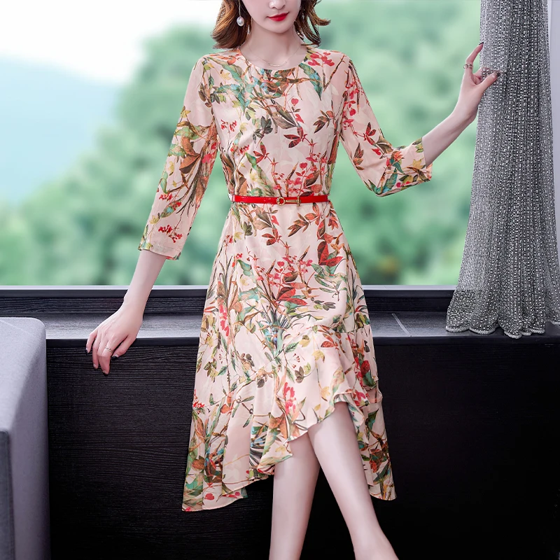 

Women Dress Spring Summer 2021 New Office Lady Three Quarter Sleeve Loose Floral Print Chiffon Zipper Dresses Traf Robe