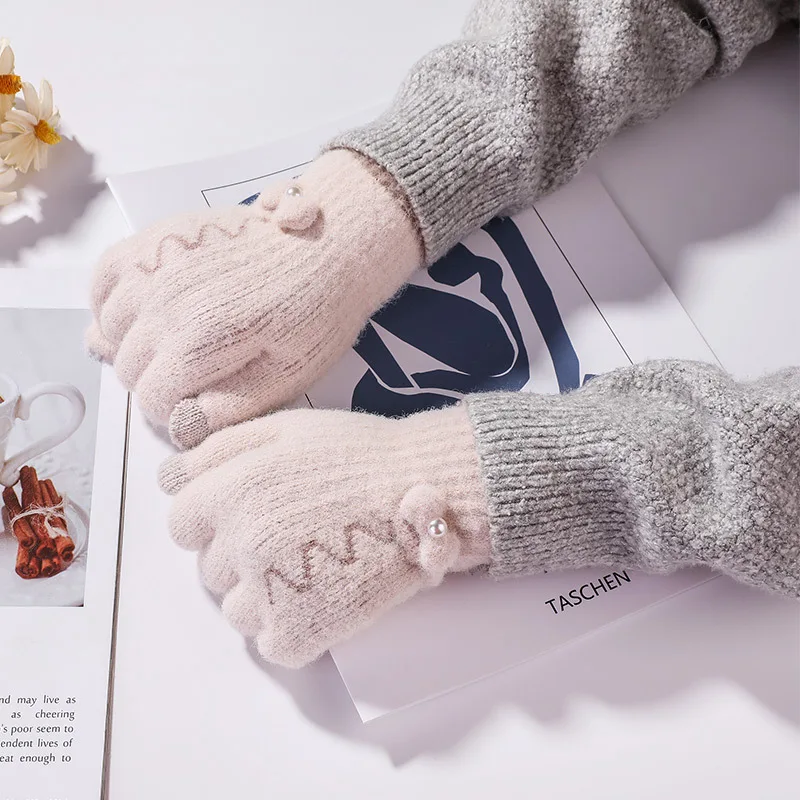 

2021 модные бархатные зимние перчатки из норки для женщин кавайные антифриз с бантом ветрозащитные теплые Нескользящие варежки для сенсорно...