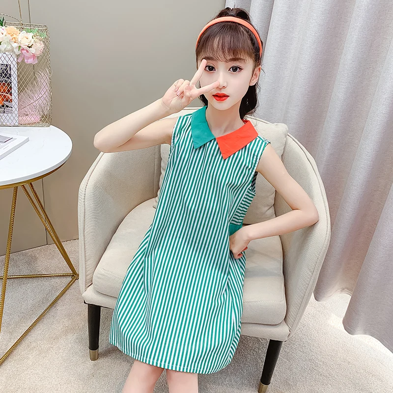 

Новые платья трапециевидной формы в полоску для девочек Новое Детское летнее платье без рукавов детская одежда От 3 до 13 лет, детская повсед...