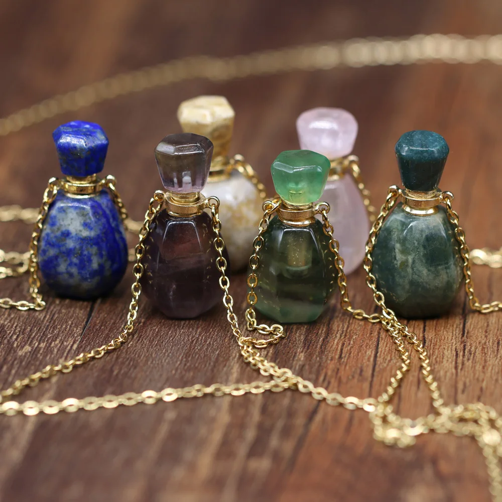 

Natural Stone Perfume Bottle Necklace Lapis lazuli/Amethyst/Rose Quartz Pendant For Elegant Women Love Romantic Gift 60 CM