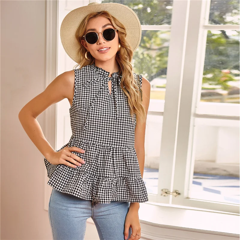 

2021 Summer Women's Korean Fashion Blouse Ruffle Grey Plaid Sleeveless Camisa Vest Shirt 20323