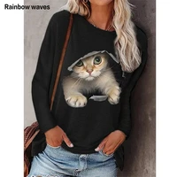 rainbowwaves new women spring loose cat printing t shirt basic casual long sleeve round neck pullover fashion ladies tops
