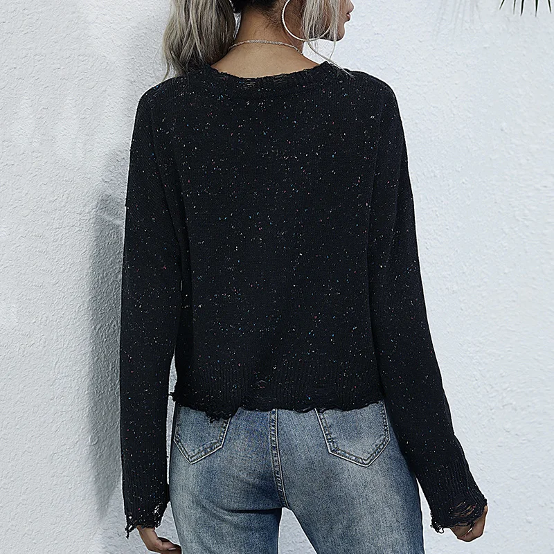 

Casual Long Sleeve Pullover Jumpers Sexy Hole Women's Sweaters Fashion O-Neck Sweater Dot Knitted Losse Sweater Pull 2021 Winter