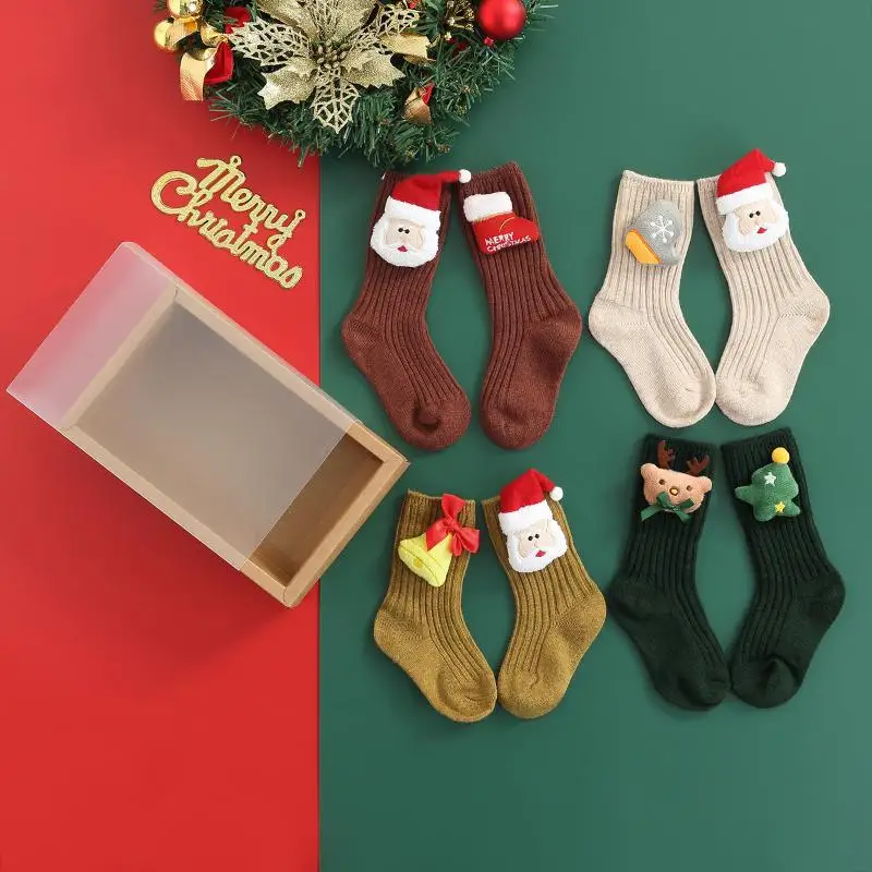 

Christmas Child Socks 4 Pairs Set Gift Box Packaging Santa Elk Holiday Decor Cotton Cashmere Stockings Baby's Socks Xmas Gifts