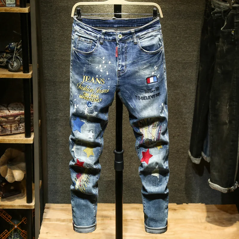 Men's Embroidered Ripped Motorcycle Jeans Light Blue Trendy Straight Slim Denim Trousers Male High Quality Casual Streetwear