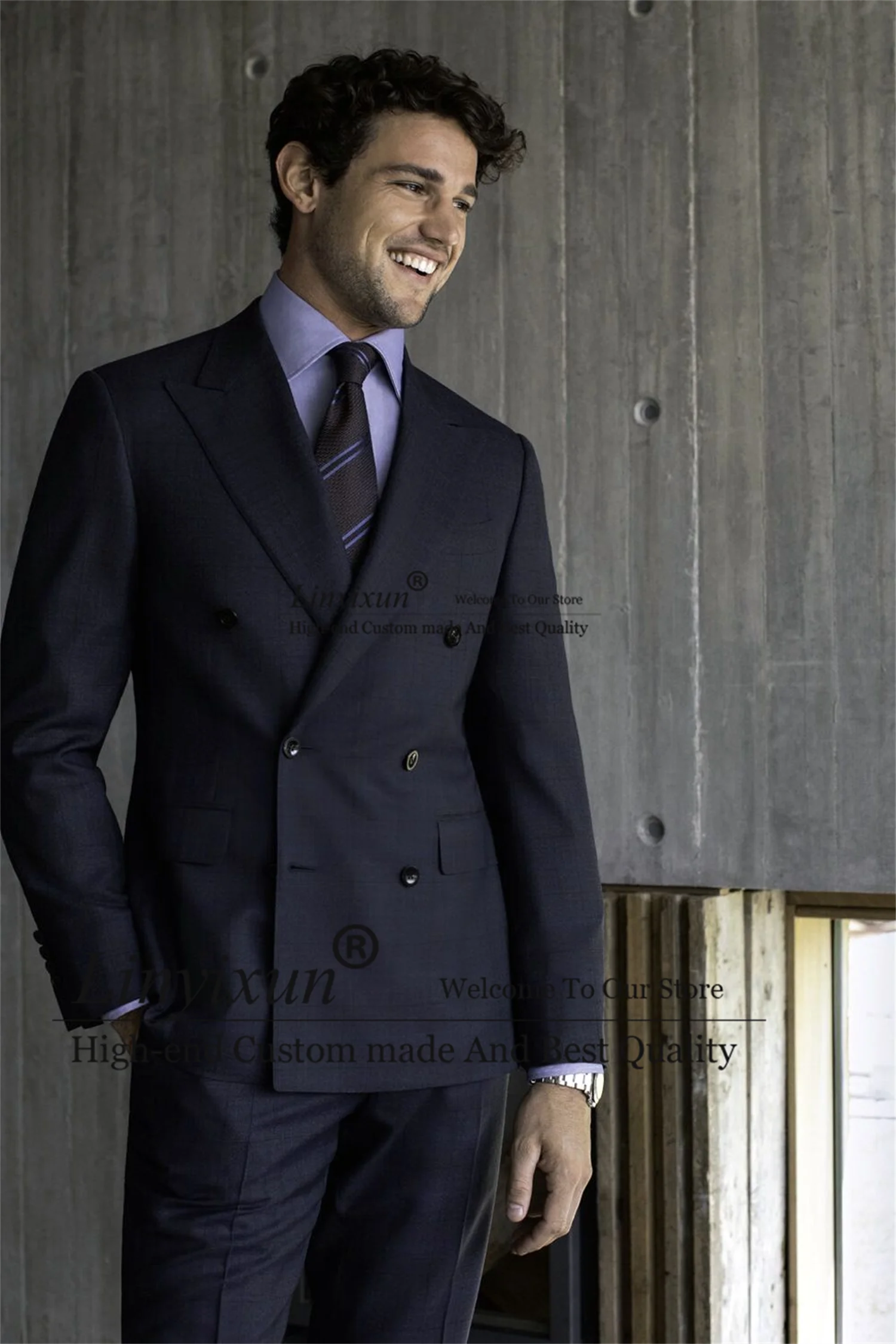 

Navy Blue Men Suits Slim Fit Double Breasted Groom Wedding Tuxedos Business Male Blazer 2 Pieces Set Costume Homme (Jacet+Pants)