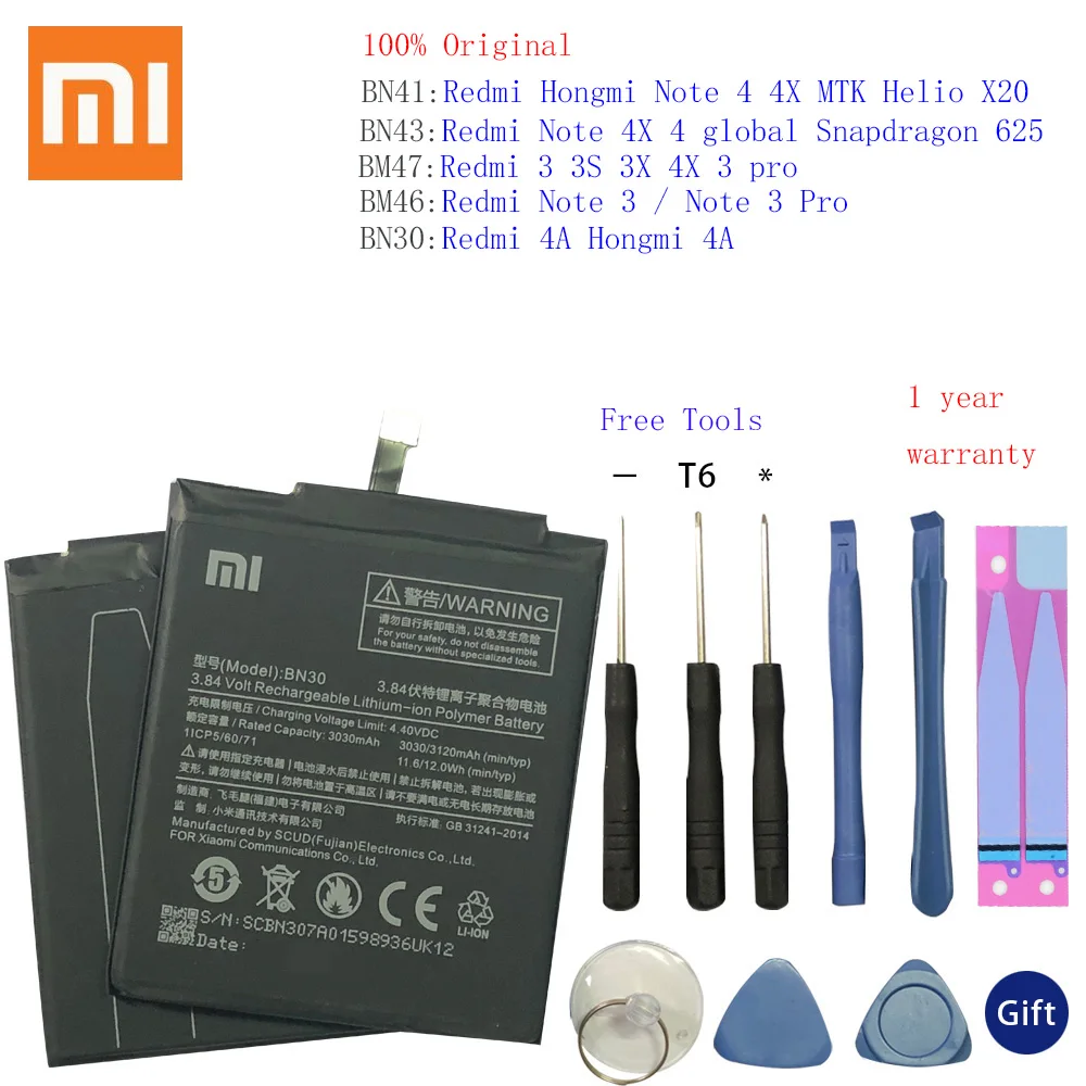 BN30 BN41 BN43 BM46 BM47 батарея для Xiaomi Redmi Hongmi 4A 3S 3X 3 pro Note 4 4X MTK Helio X20 Глобальный Snapdragon 625