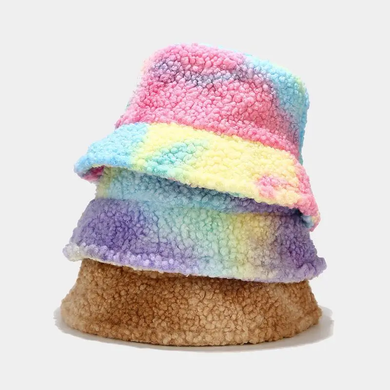 

[Meltryllis] 2020 New Faux Fur Winter Panama Hats Women Outdoor Sunscreen Bucker Hat Female Fashion Tie Dyed Basin Cap Sun Teddy