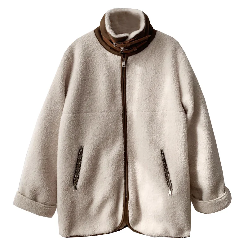 

ZCWXM Lalambswool Coat Women's Winter New Korean Thicken Cotton Lambskin One-Piece Fur Motorcycle with Belt Jackets Female