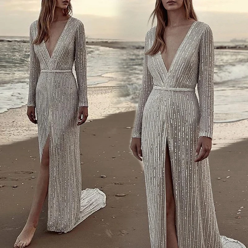 Women's dresses high waist Sexy Sequin full sleeve Maxi Dress Deep V-Neck Split Evening Party Ball Gown ladies dress | Женская